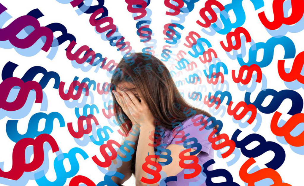 A suffering woman surrounded by multiple "s".