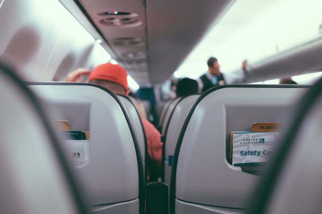 A back look of seats in the aircraft.